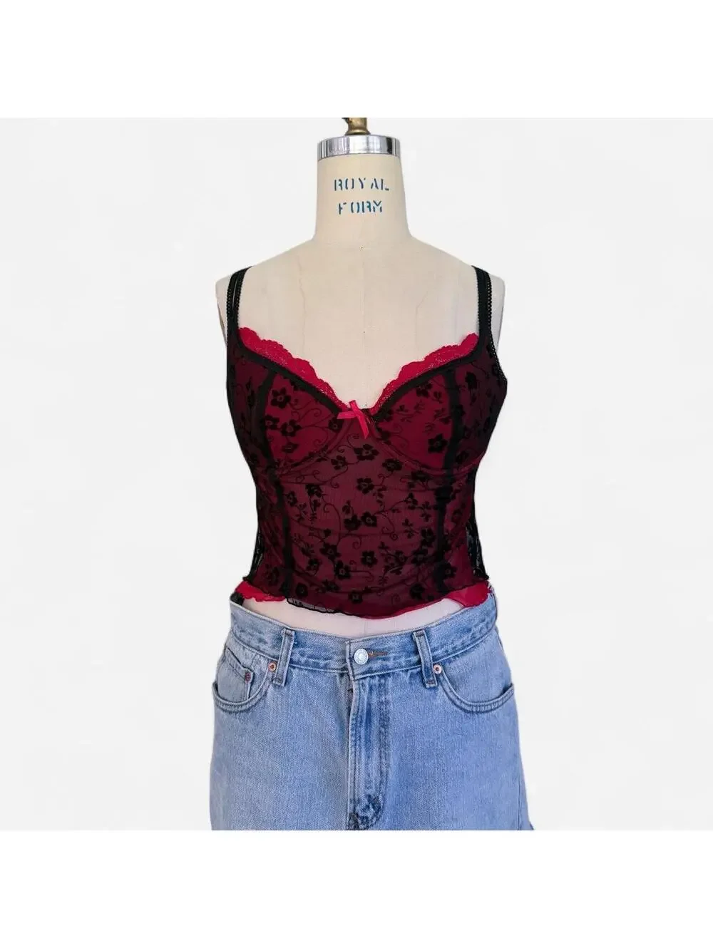 Vintage Y2K Red Black Floral Lace Bustier Corset Top in Burgundy